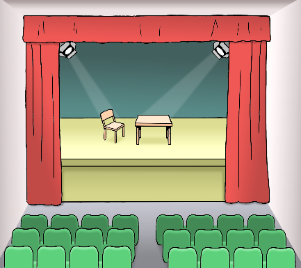 Eine Bühne mit einem rotem Vorhang ist auf dem Bild. Auf der Bühne stehen ein Stuhl und ein Tisch. Vor der Bühne sind viele grüne Sitze.